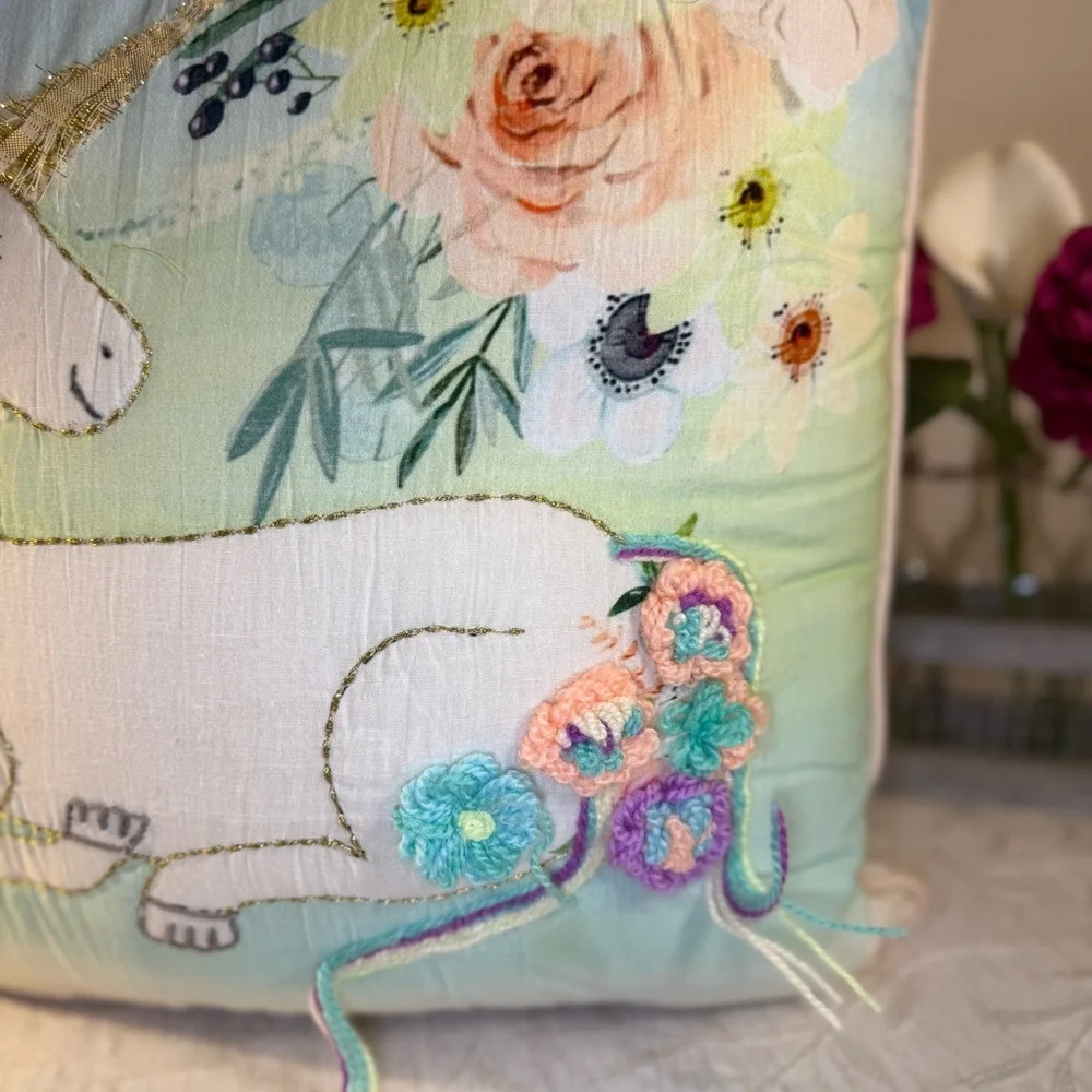 Decorative Intricate Unicorn Pillow Girls Room. 16”x 16”‎ x 6”